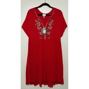 Knox Rose Boho Red Embroidered Tiered Dress Size Large Festival Cottagecore